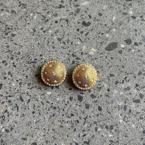Women’s Earrings Gold Dome Clip On Vintage Textured Rhinestone Accents - Picture 1 of 2